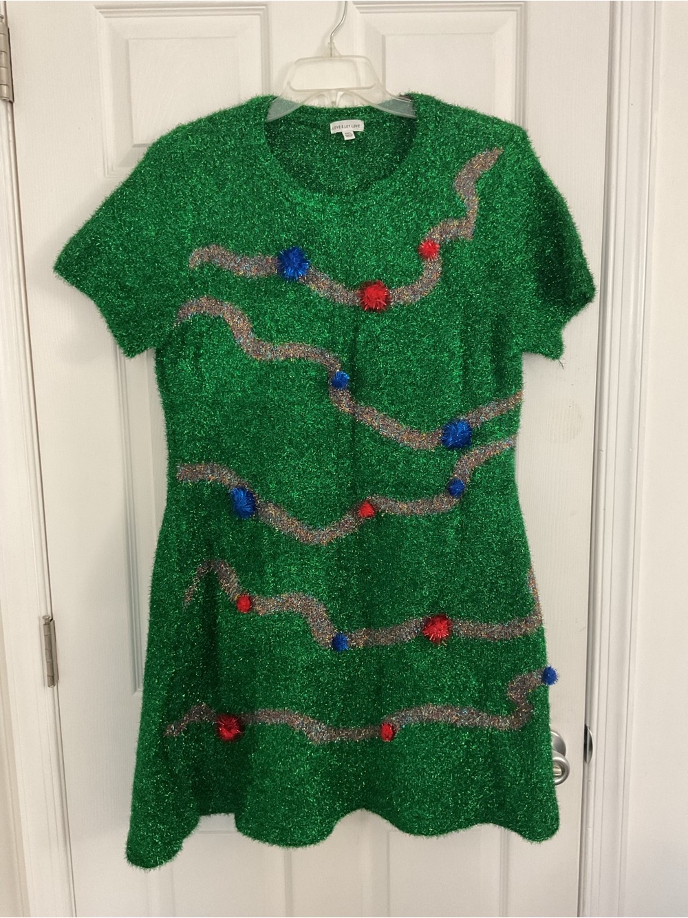 Women’s Sparkle Green Light Up Holiday Dress with Pom-Pom Details